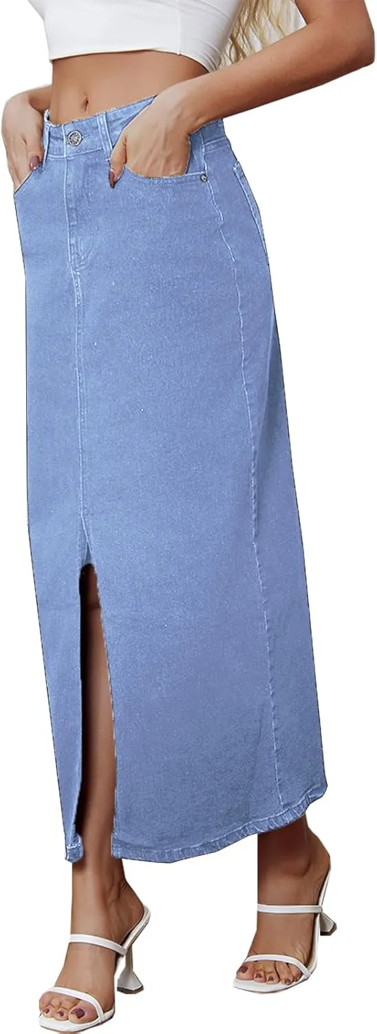 Denim Skirt for Women Midi Jeans Skirt A Line Slit Below The Knee Long Skirt