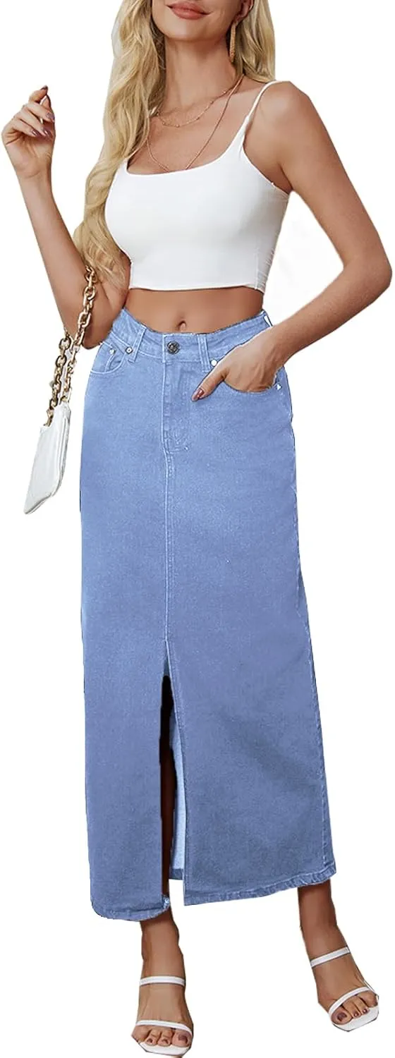 Denim Skirt for Women Midi Jeans Skirt A Line Slit Below The Knee Long Skirt