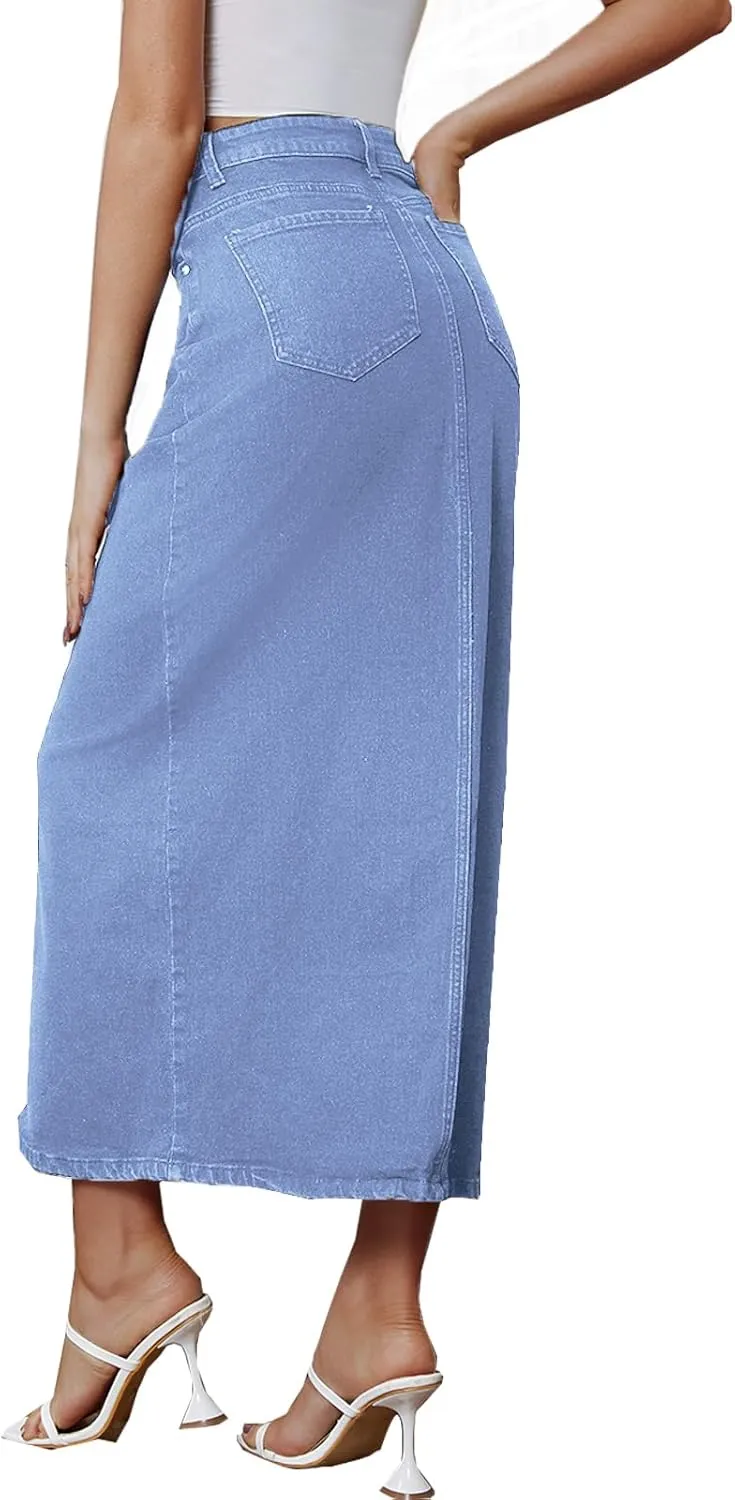 Denim Skirt for Women Midi Jeans Skirt A Line Slit Below The Knee Long Skirt
