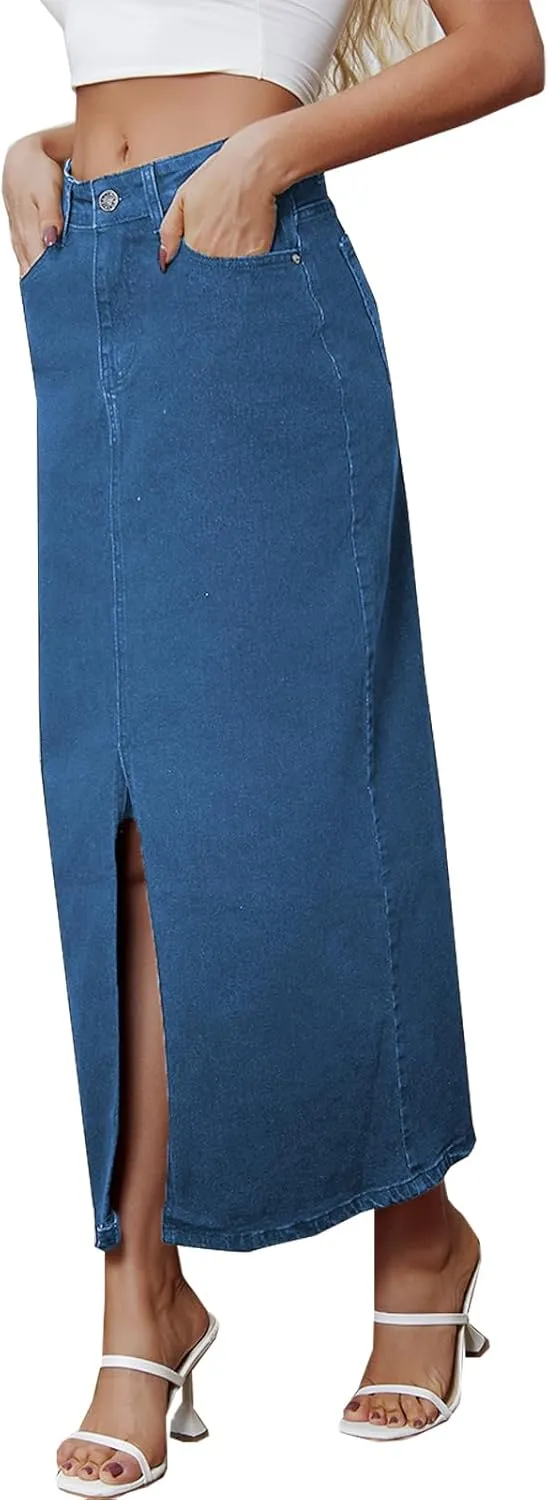 Denim Skirt for Women Midi Jeans Skirt A Line Slit Below The Knee Long Skirt