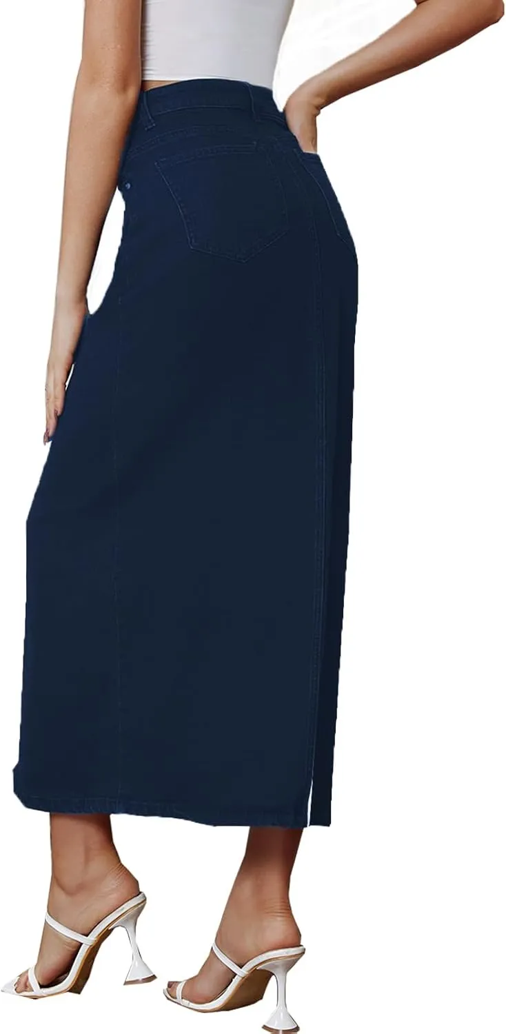 Denim Skirt for Women Midi Jeans Skirt A Line Slit Below The Knee Long Skirt