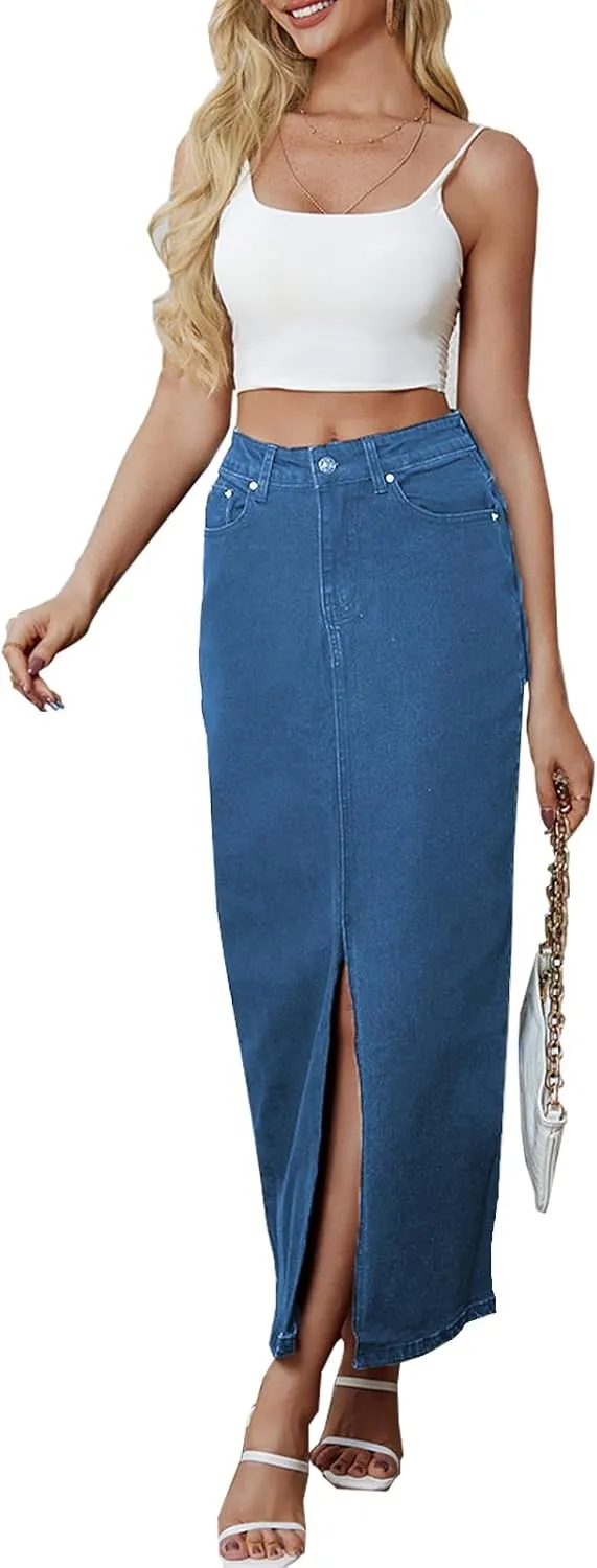 Denim Skirt for Women Midi Jeans Skirt A Line Slit Below The Knee Long Skirt
