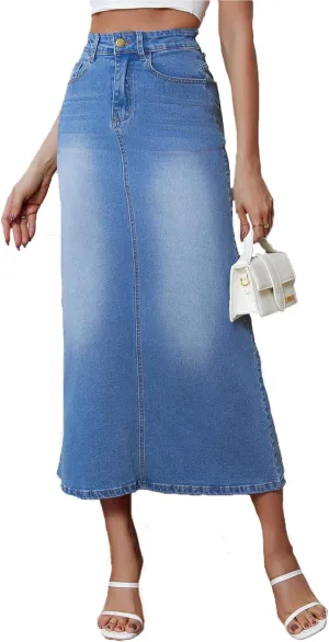 Denim Skirt for Women Midi Jeans Skirt A Line Slit Below The Knee Long Skirt