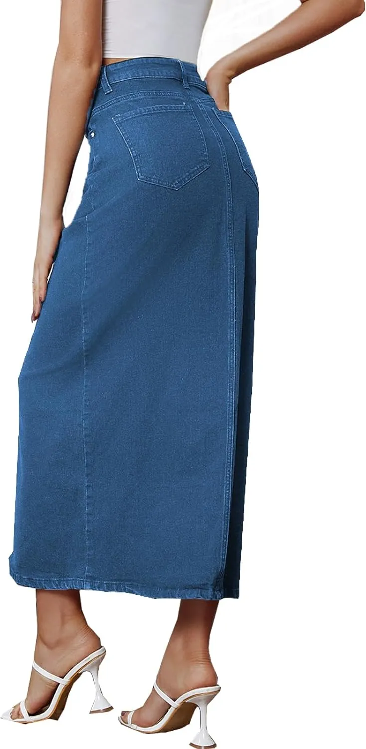 Denim Skirt for Women Midi Jeans Skirt A Line Slit Below The Knee Long Skirt