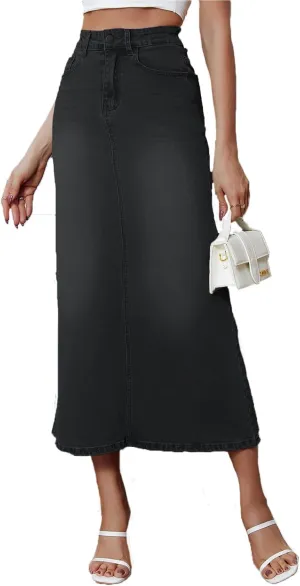 Denim Skirt for Women Midi Jeans Skirt A Line Slit Below The Knee Long Skirt