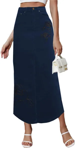 Denim Skirt for Women Midi Jeans Skirt A Line Slit Below The Knee Long Skirt