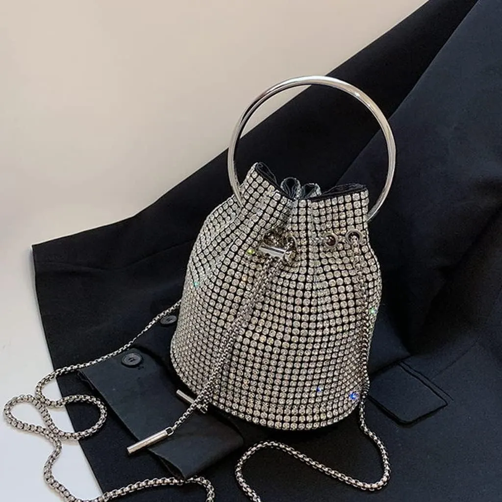 DJBM Ladies Full Diamonds Bucket Handbag Rhinestone Evening Bag Bling Clutch Purse for Women Party Prom Cocktail Wedding