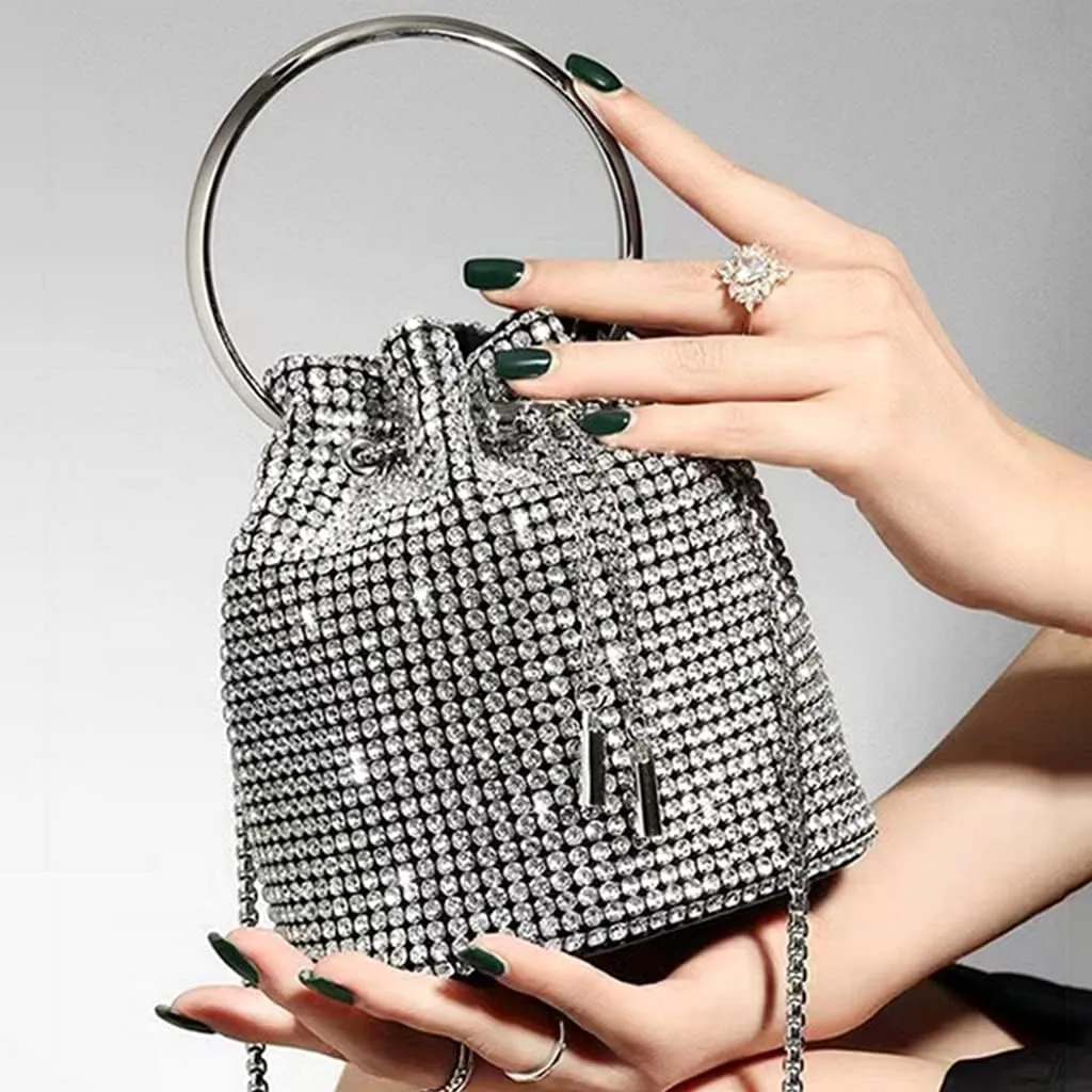 DJBM Ladies Full Diamonds Bucket Handbag Rhinestone Evening Bag Bling Clutch Purse for Women Party Prom Cocktail Wedding