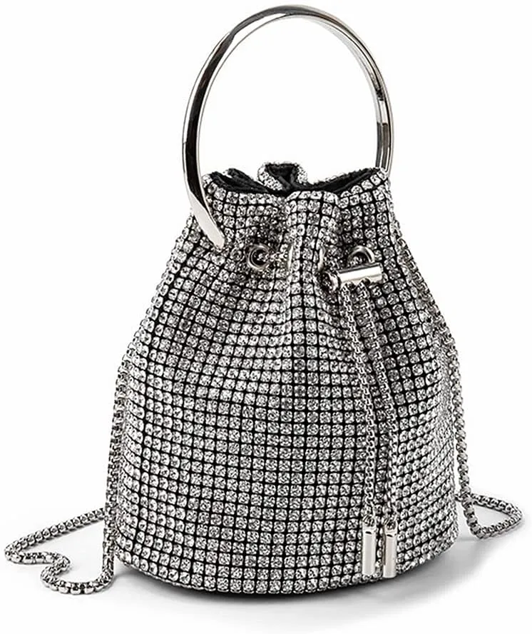 DJBM Ladies Full Diamonds Bucket Handbag Rhinestone Evening Bag Bling Clutch Purse for Women Party Prom Cocktail Wedding