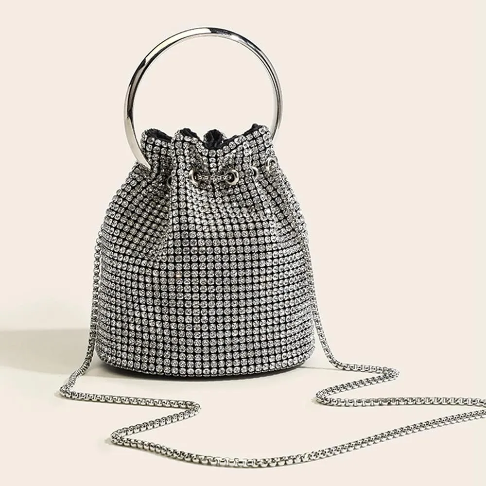 DJBM Ladies Full Diamonds Bucket Handbag Rhinestone Evening Bag Bling Clutch Purse for Women Party Prom Cocktail Wedding