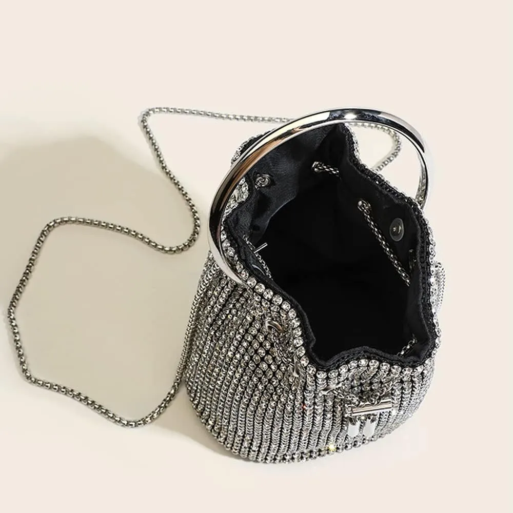 DJBM Ladies Full Diamonds Bucket Handbag Rhinestone Evening Bag Bling Clutch Purse for Women Party Prom Cocktail Wedding