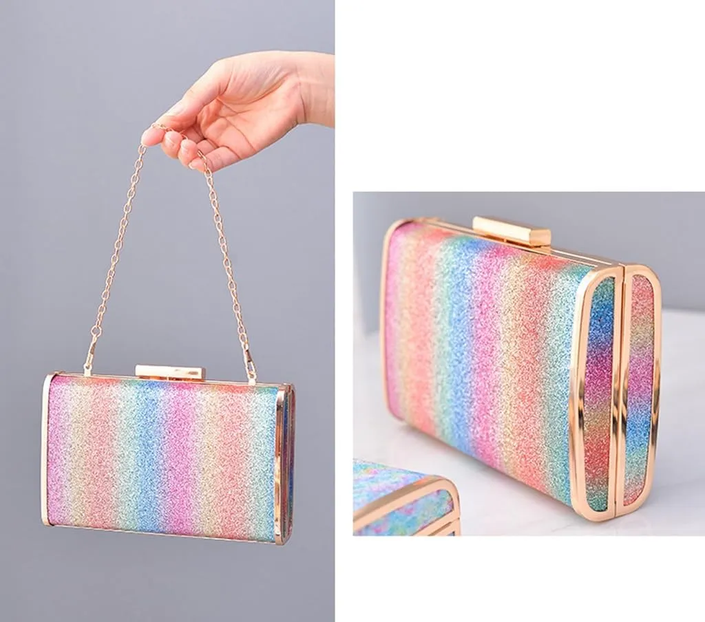 DJBM Women Exquisite Rainbow Evening Bag Chic Shiny PU Leather Clutch Purse for Birthday Nightclub