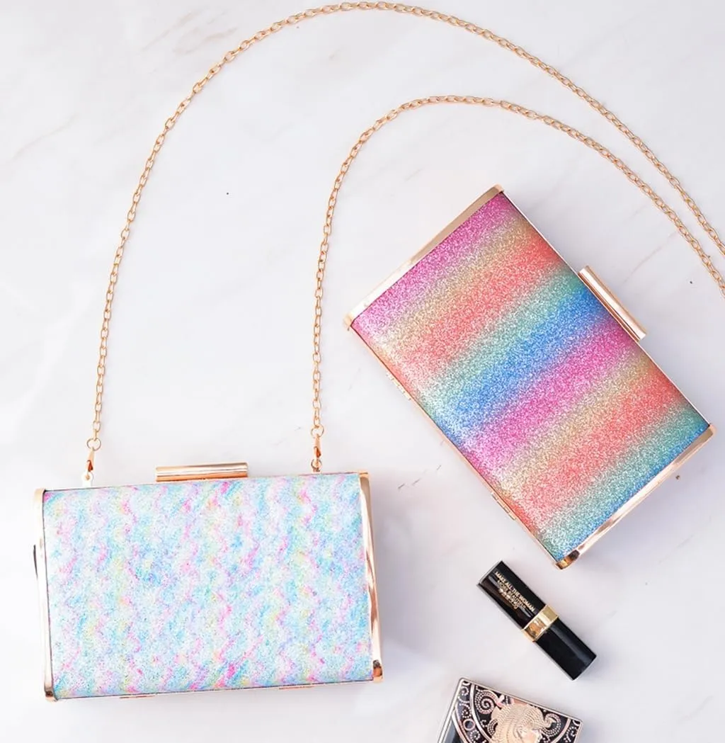 DJBM Women Exquisite Rainbow Evening Bag Chic Shiny PU Leather Clutch Purse for Birthday Nightclub