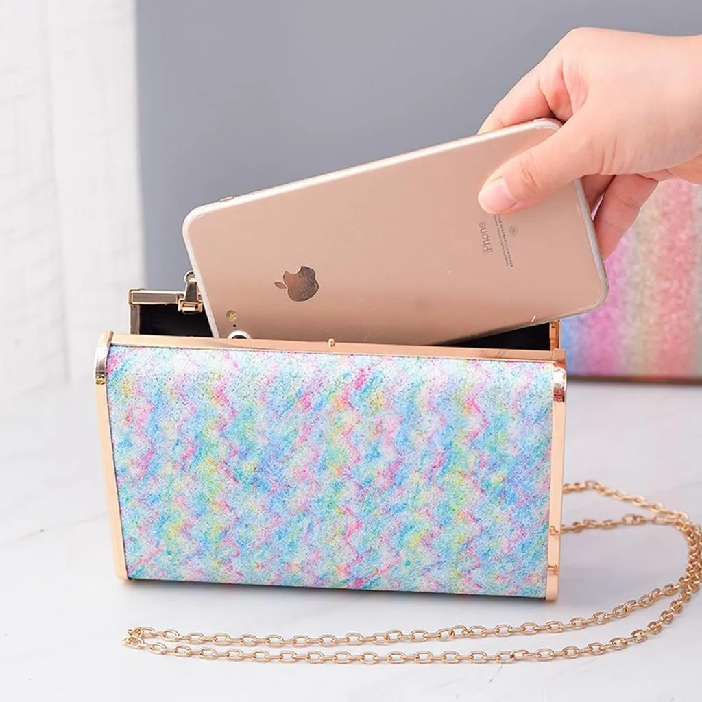 DJBM Women Exquisite Rainbow Evening Bag Chic Shiny PU Leather Clutch Purse for Birthday Nightclub