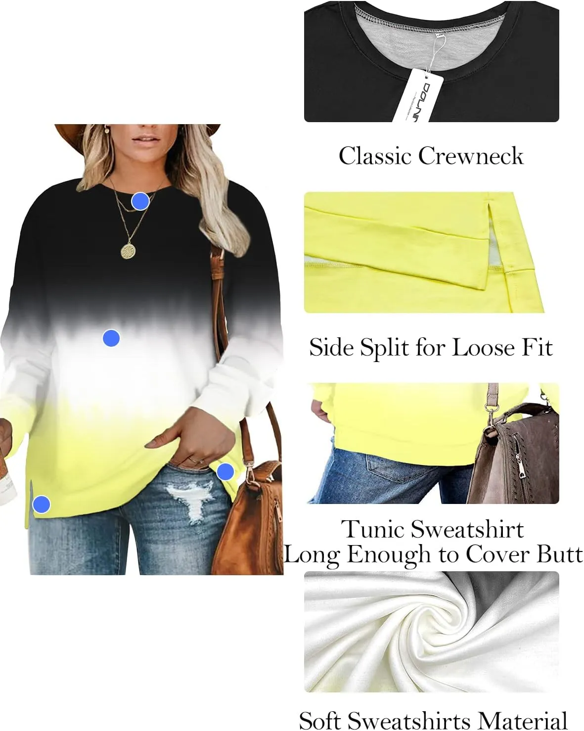DOLNINE Plus-Size Sweatshirts for Women Casual Tops Side Slit Pullovers Shirts