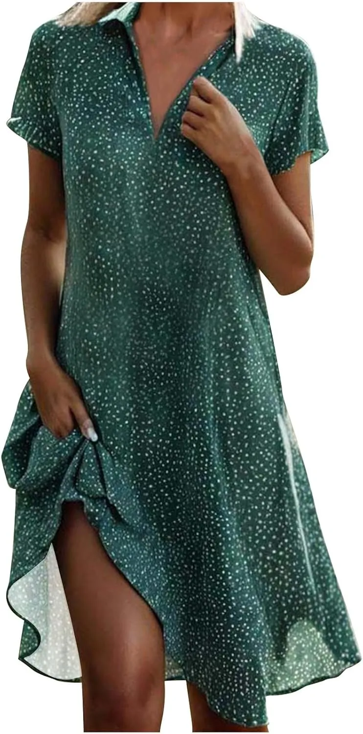 Dresses for Women 2024 Summer Beach Casual Loose Short Sleeve Flowy Swing Maxi Dress Classic Polka Dots Print Sundress