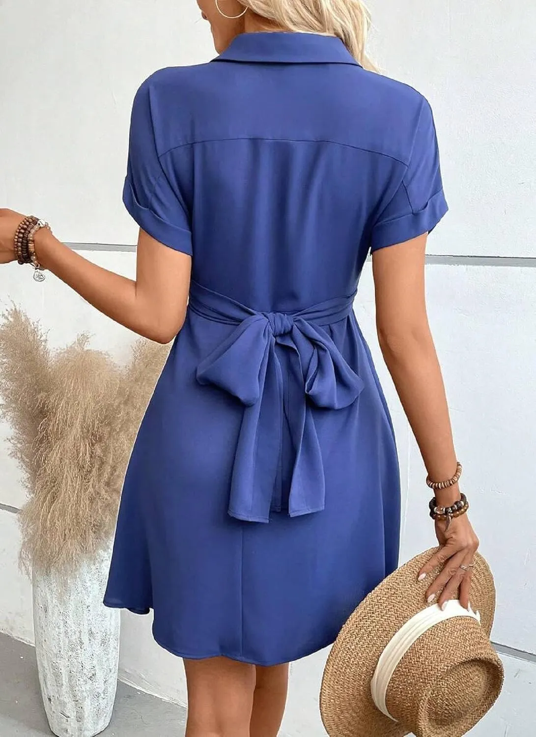 Dresses for Women Summer Chic Blue Plain Short Sleeve Collared Pleated Flowy Mini Dress Fashion Beach Vacation Outfits