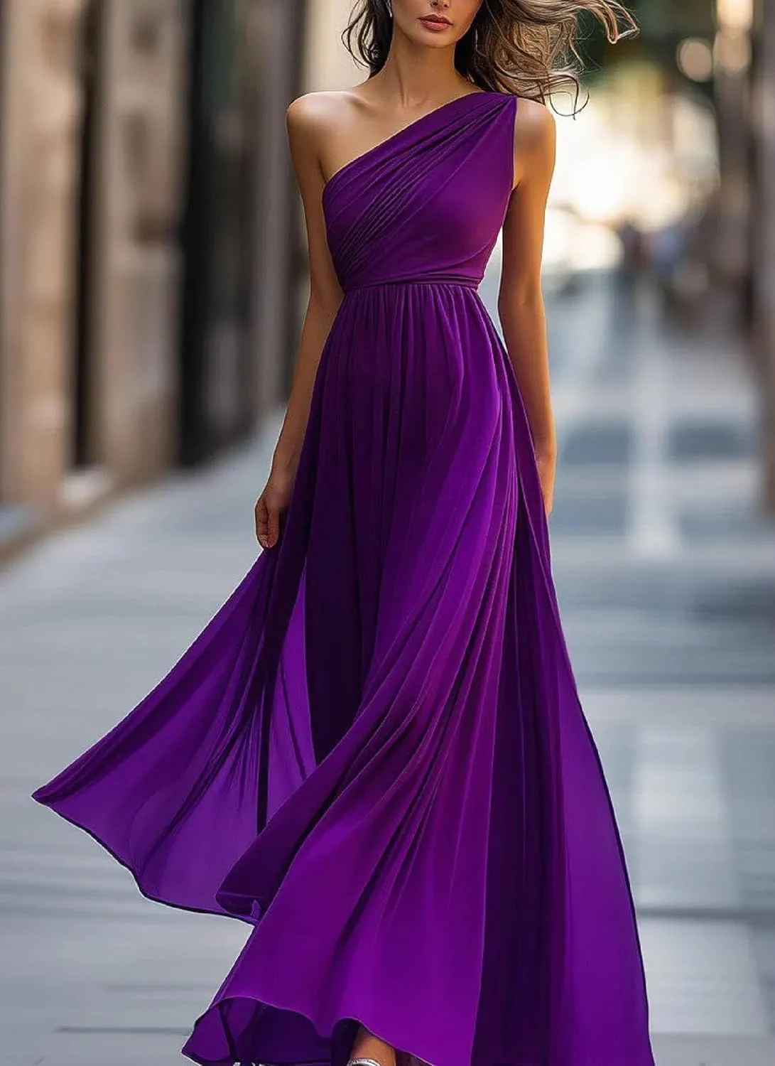 Dresses for Women Summer Chic Plain One Shoulder Sleeveless Chiffon Flowy Maxi Dress Elegant Cocktail Formal Outfits