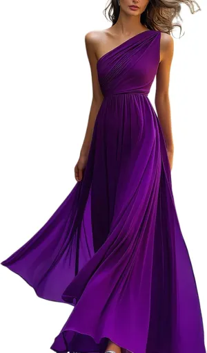 Dresses for Women Summer Chic Plain One Shoulder Sleeveless Chiffon Flowy Maxi Dress Elegant Cocktail Formal Outfits