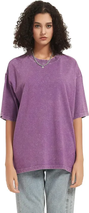 DUDHUH Womens Tops Oversized Casual Wash Solid Basic Classic Crewneck Streetwear Tees Vintage Teachwear Shirts Short Sleeves