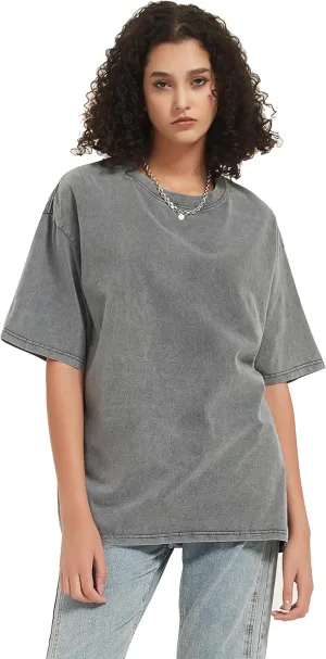 DUDHUH Womens Tops Oversized Casual Wash Solid Basic Classic Crewneck Streetwear Tees Vintage Teachwear Shirts Short Sleeves