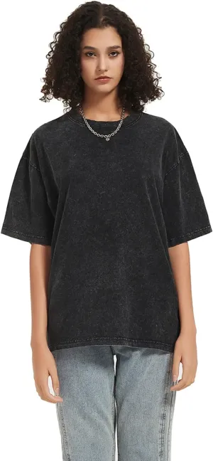 DUDHUH Womens Tops Oversized Casual Wash Solid Basic Classic Crewneck Streetwear Tees Vintage Teachwear Shirts Short Sleeves