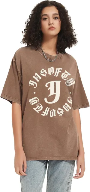 DUDHUH Womens Tops Oversized Casual Wash Solid Basic Classic Crewneck Streetwear Tees Vintage Teachwear Shirts Short Sleeves
