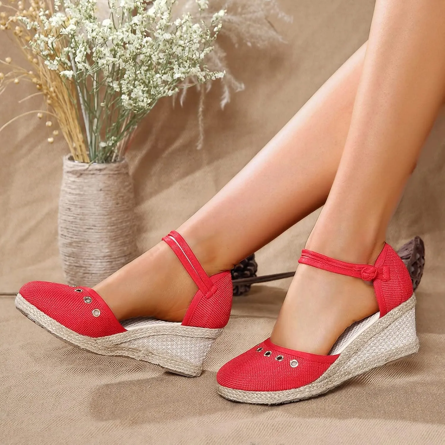 Espadrille Sandals for Women Closed Toe Mid Heels Sandals Dressy Casual Wedges Ankle Strappy Platform Sandal Comfort Wear Walking Shoes for Office Work Lightweight Trendy Footwear Womens Non Slip Shoe