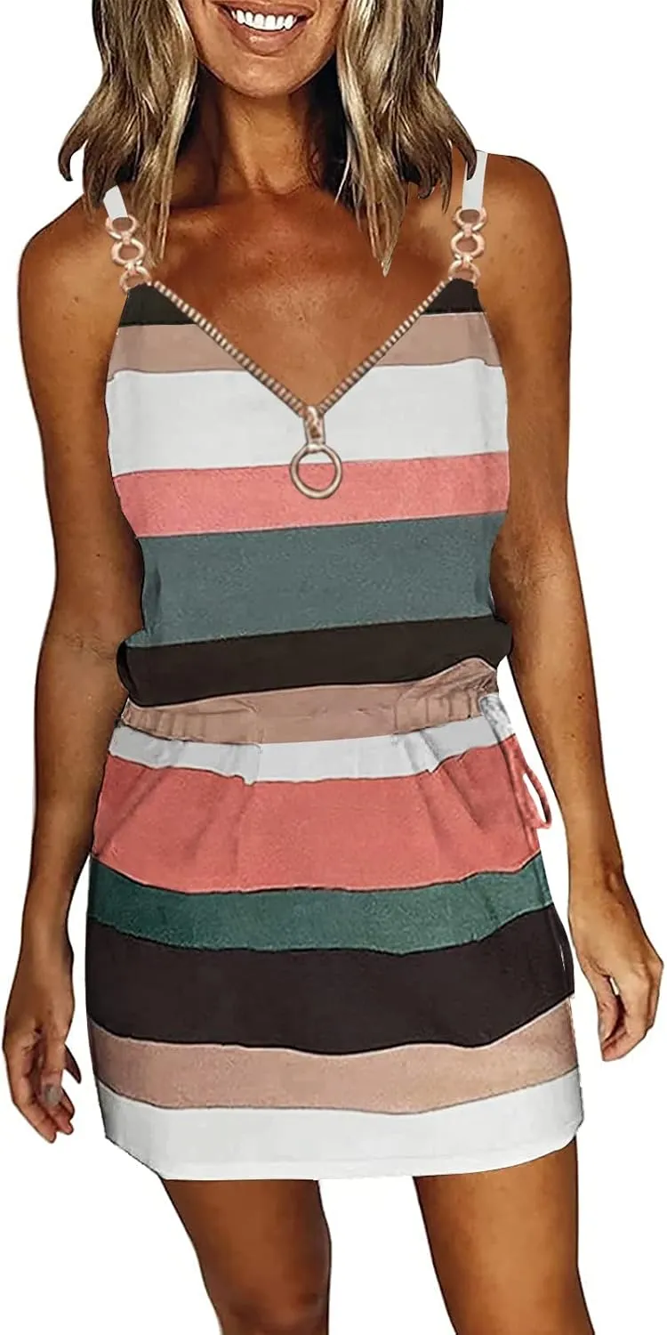 ETCYY Womens Summer Dress 2025 Sleeveless Sundresses Tie Back Flowy A-Line Double Layer Hem Boho Mini Striped Dresses