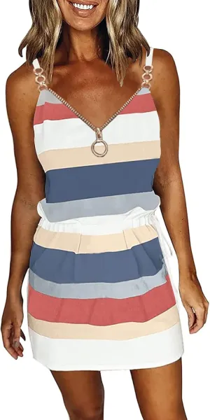 ETCYY Womens Summer Dress 2025 Sleeveless Sundresses Tie Back Flowy A-Line Double Layer Hem Boho Mini Striped Dresses