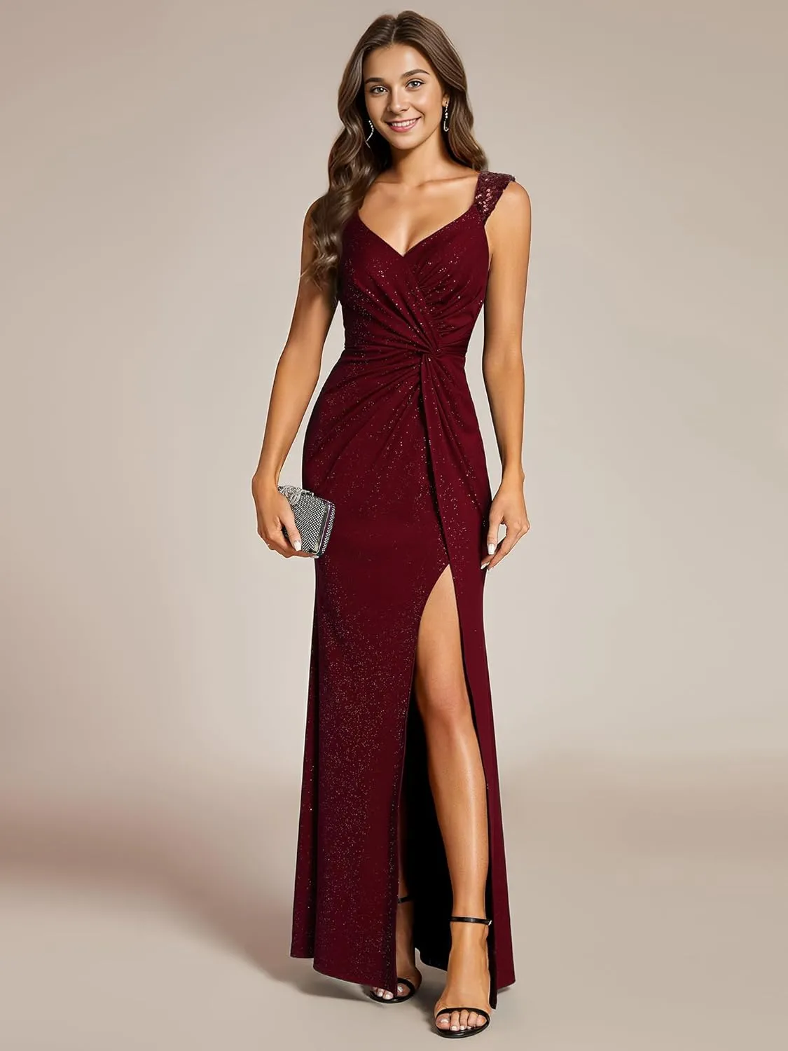 Ever-Pretty Glitter Evening Dresses Women's V Neck High Slit Sequin Shoulder Strap Maxi Formal Dress 01888