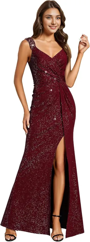Ever-Pretty Glitter Evening Dresses Women's V Neck High Slit Sequin Shoulder Strap Maxi Formal Dress 01888