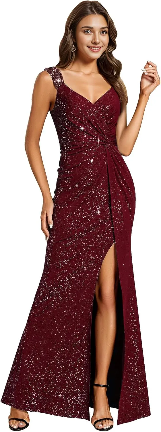 Ever-Pretty Glitter Evening Dresses Women's V Neck High Slit Sequin Shoulder Strap Maxi Formal Dress 01888
