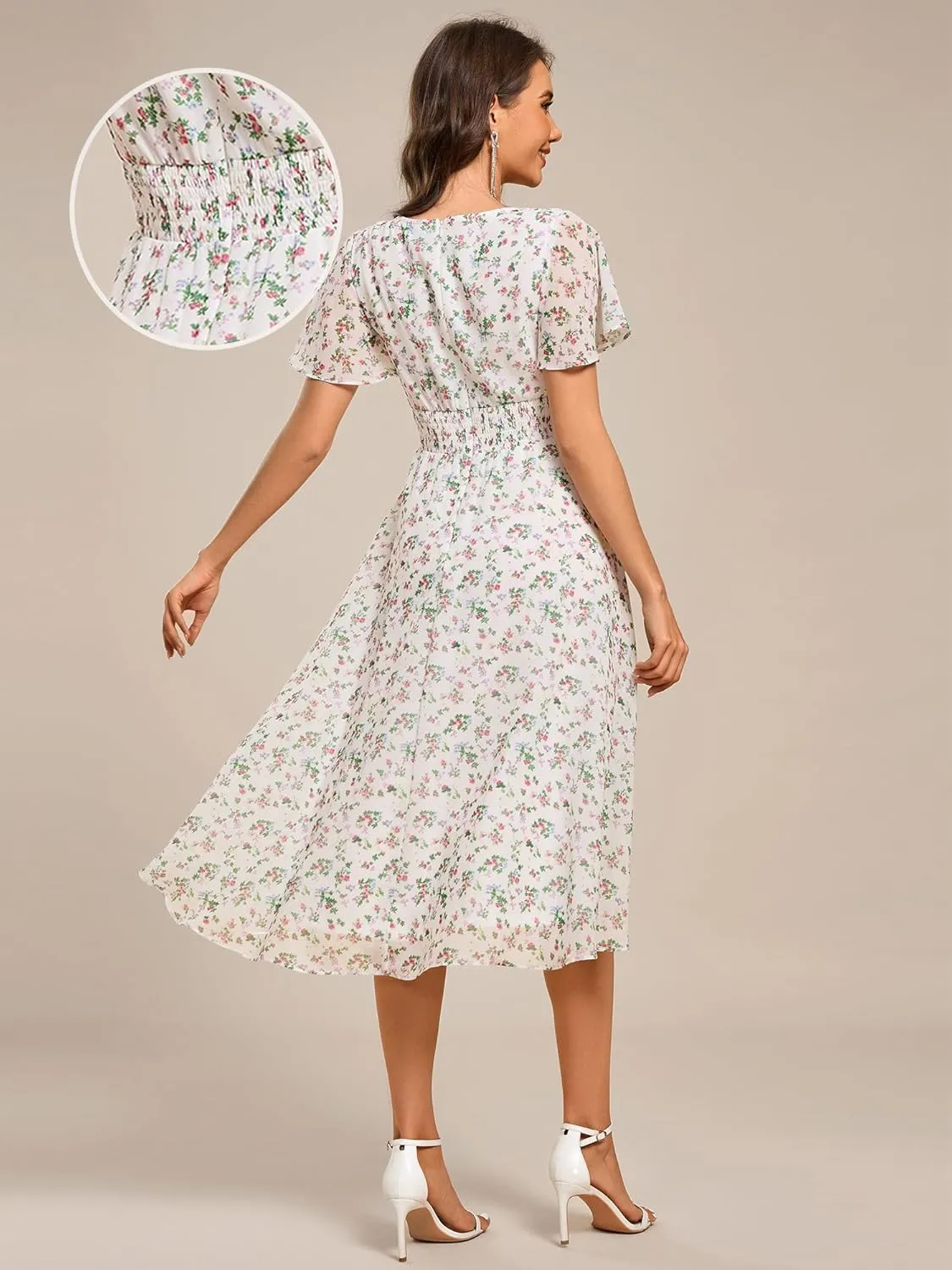 Ever-Pretty Women's Classic V Neck Pleated Short Sleeves Chiffon Hi-Lo Midi Wedding Guest Dress 03084