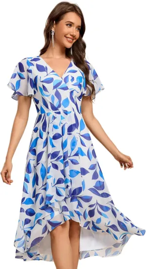 Ever-Pretty Women's Classic V Neck Pleated Short Sleeves Chiffon Hi-Lo Midi Wedding Guest Dress 03084