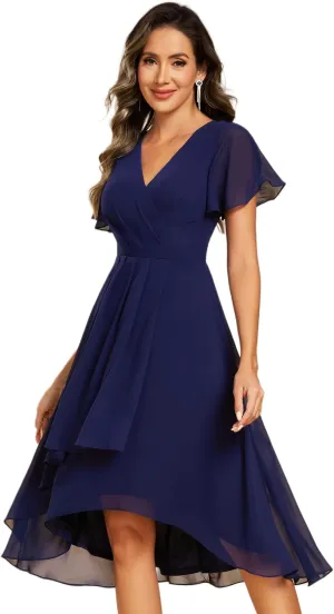 Ever-Pretty Women's Classic V Neck Pleated Short Sleeves Chiffon Hi-Lo Midi Wedding Guest Dress 03084