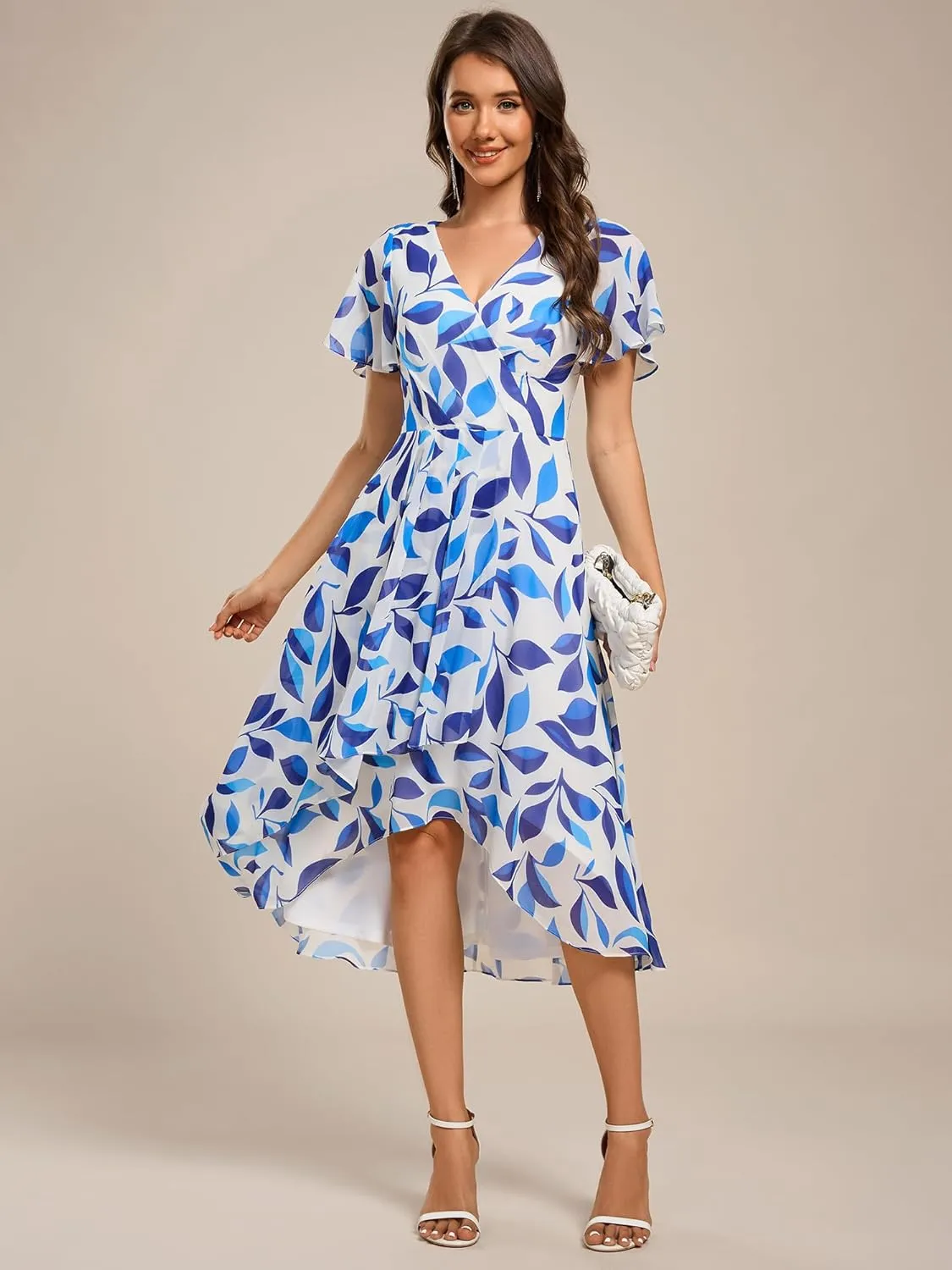 Ever-Pretty Women's Classic V Neck Pleated Short Sleeves Chiffon Hi-Lo Midi Wedding Guest Dress 03084