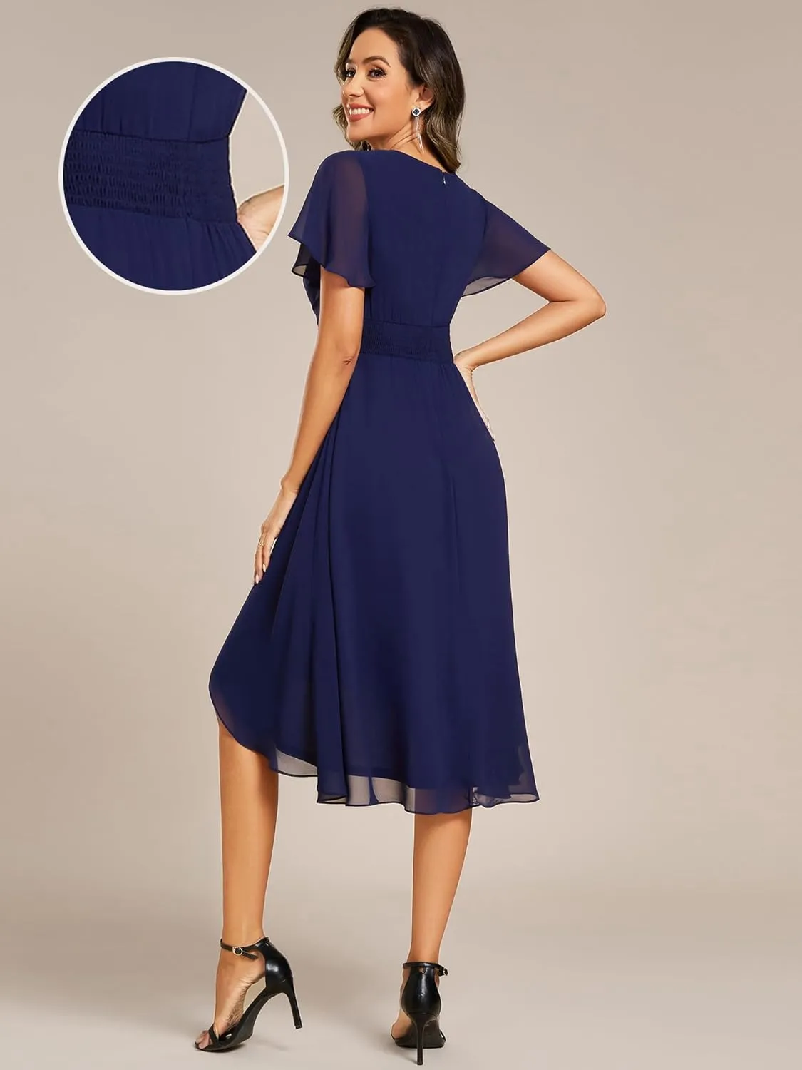 Ever-Pretty Women's Classic V Neck Pleated Short Sleeves Chiffon Hi-Lo Midi Wedding Guest Dress 03084