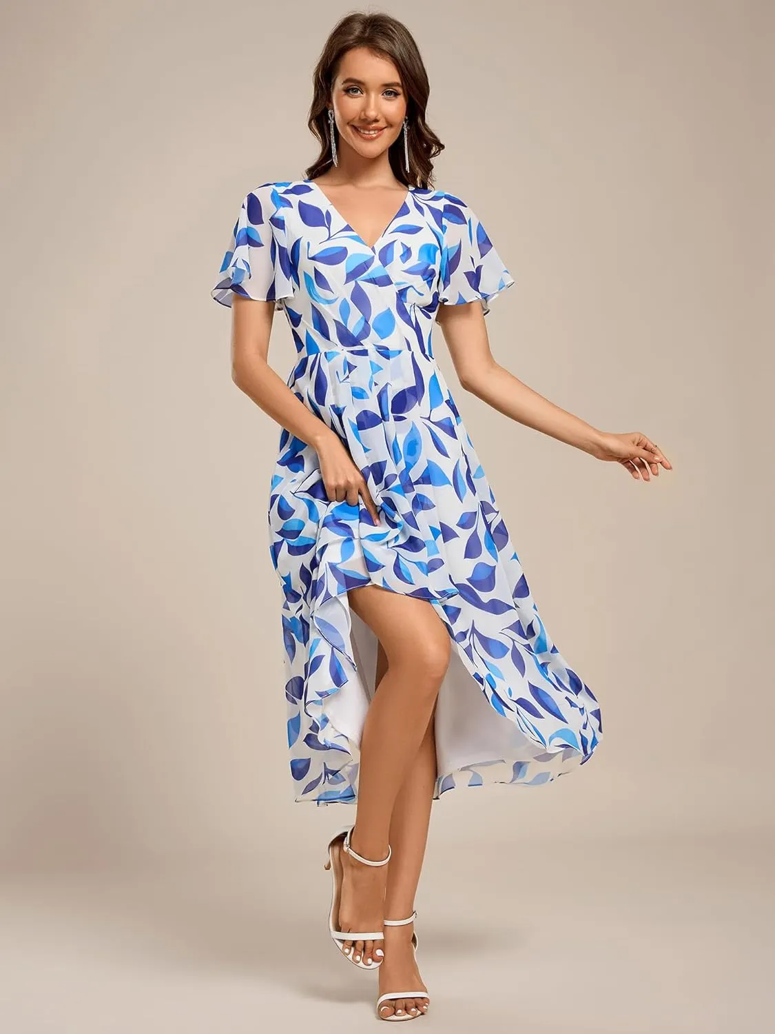 Ever-Pretty Women's Classic V Neck Pleated Short Sleeves Chiffon Hi-Lo Midi Wedding Guest Dress 03084