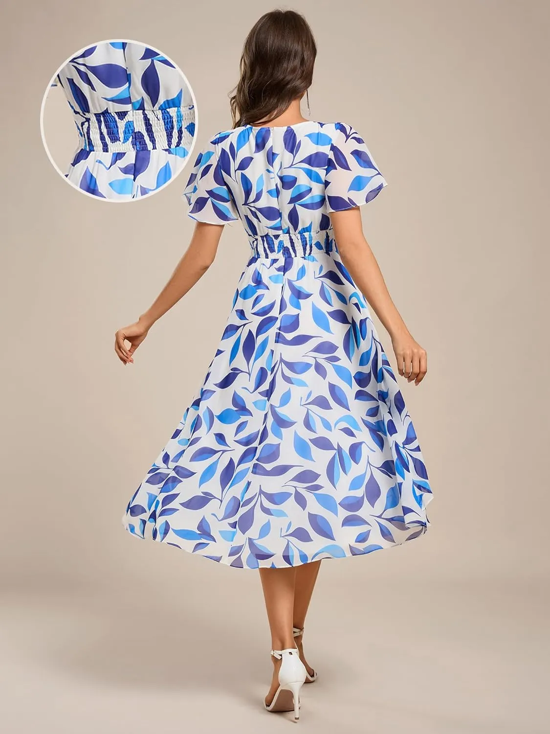 Ever-Pretty Women's Classic V Neck Pleated Short Sleeves Chiffon Hi-Lo Midi Wedding Guest Dress 03084