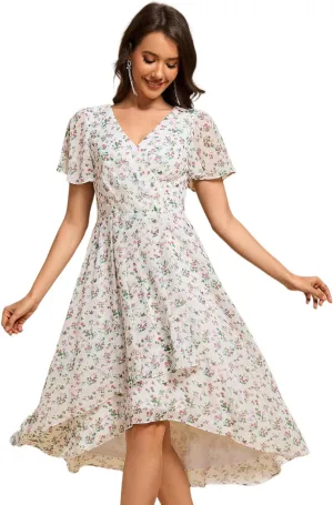 Ever-Pretty Women's Classic V Neck Pleated Short Sleeves Chiffon Hi-Lo Midi Wedding Guest Dress 03084