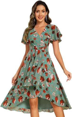 Ever-Pretty Women's Classic V Neck Pleated Short Sleeves Chiffon Hi-Lo Midi Wedding Guest Dress 03084