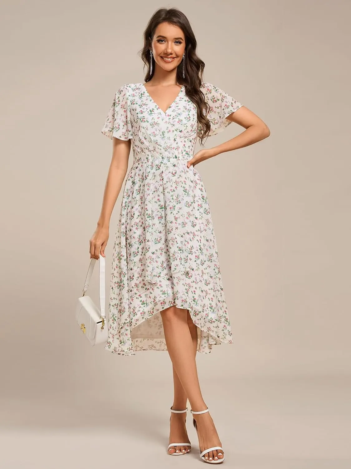 Ever-Pretty Women's Classic V Neck Pleated Short Sleeves Chiffon Hi-Lo Midi Wedding Guest Dress 03084