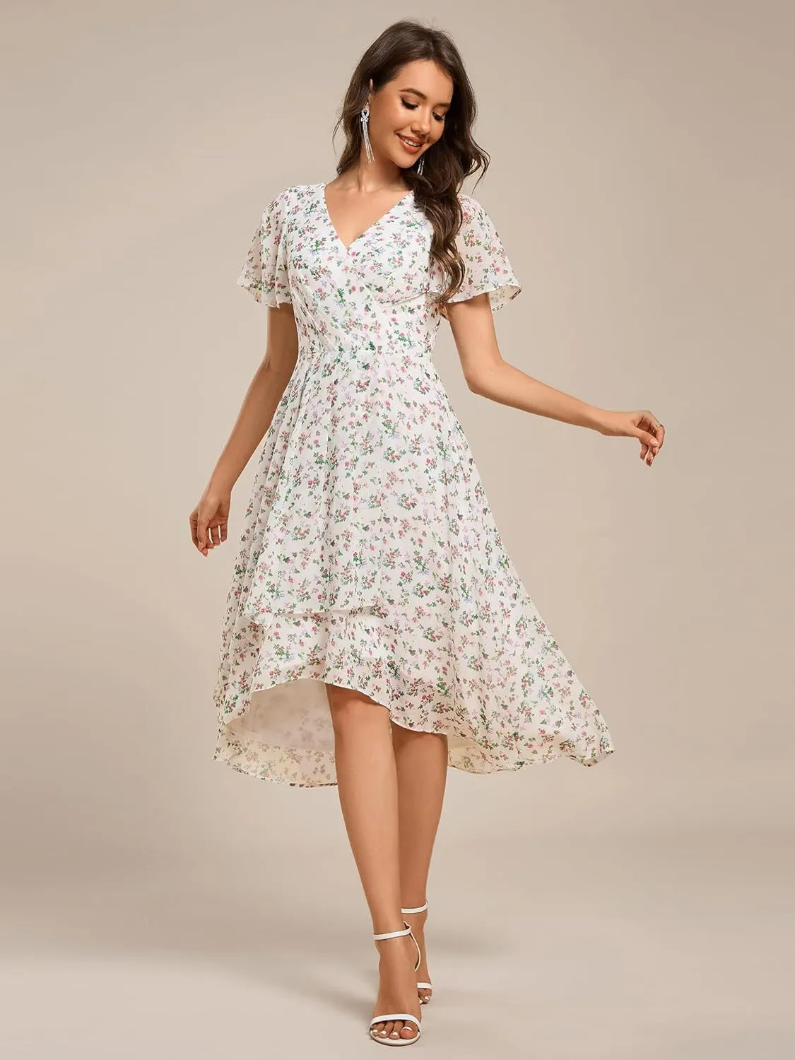 Ever-Pretty Women's Classic V Neck Pleated Short Sleeves Chiffon Hi-Lo Midi Wedding Guest Dress 03084