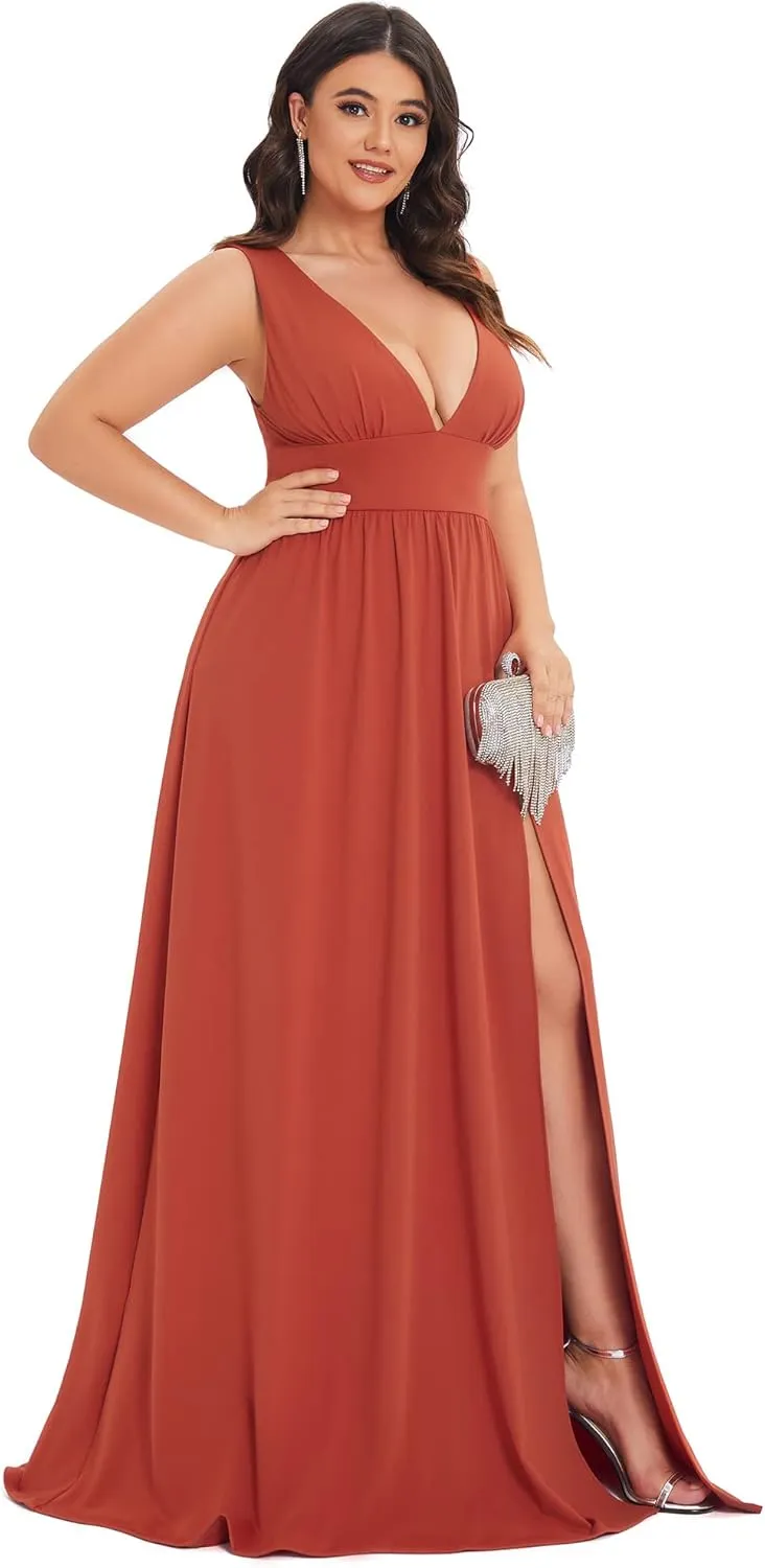 Ever-Pretty Women's Wedding Guest Maxi High Stretch Side Slit Pleated Sleeveless Plus Size Formal Dresses
