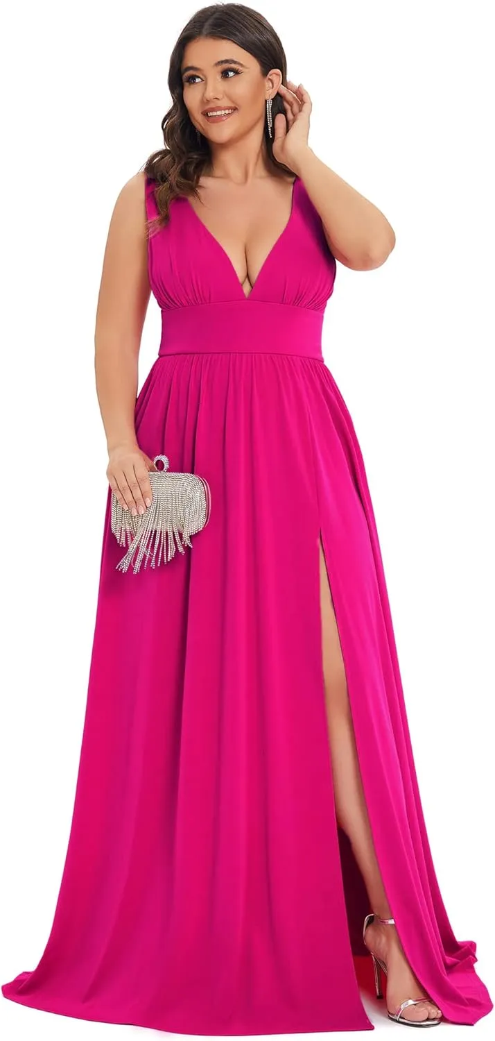 Ever-Pretty Women's Wedding Guest Maxi High Stretch Side Slit Pleated Sleeveless Plus Size Formal Dresses
