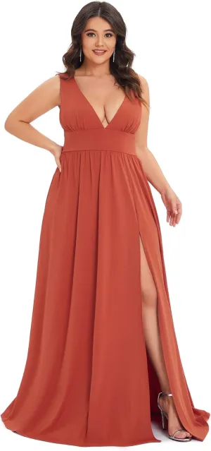 Ever-Pretty Women's Wedding Guest Maxi High Stretch Side Slit Pleated Sleeveless Plus Size Formal Dresses