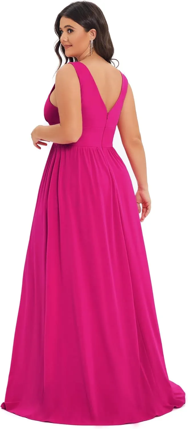 Ever-Pretty Women's Wedding Guest Maxi High Stretch Side Slit Pleated Sleeveless Plus Size Formal Dresses