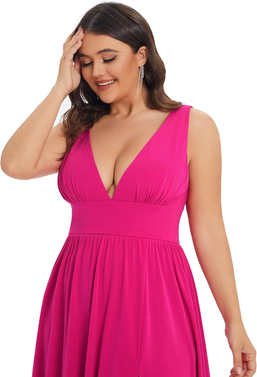 Ever-Pretty Women's Wedding Guest Maxi High Stretch Side Slit Pleated Sleeveless Plus Size Formal Dresses