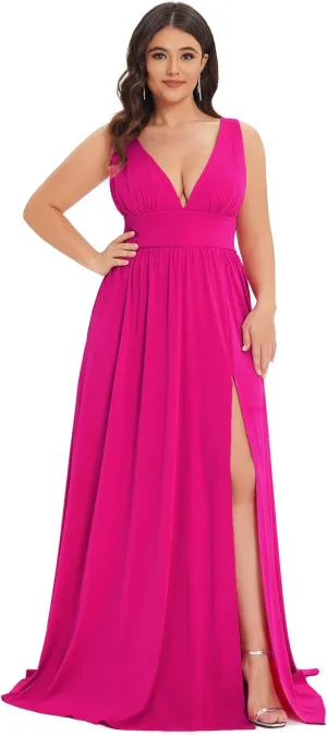Ever-Pretty Women's Wedding Guest Maxi High Stretch Side Slit Pleated Sleeveless Plus Size Formal Dresses